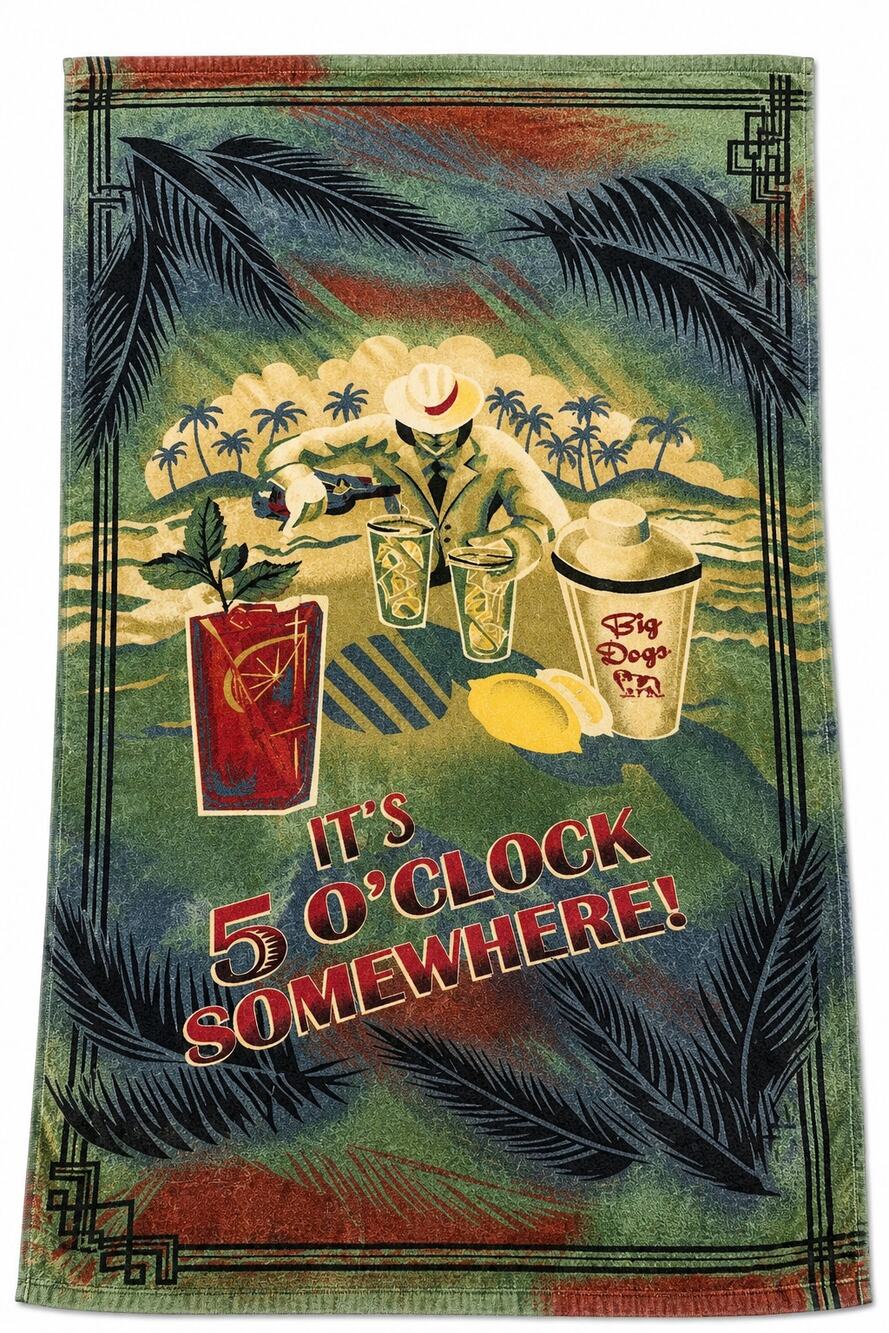 Vintage BIG DOGS 2005 "It's 5 O'Clock Somewhere" Beach Towel Tropical Y2K Rare